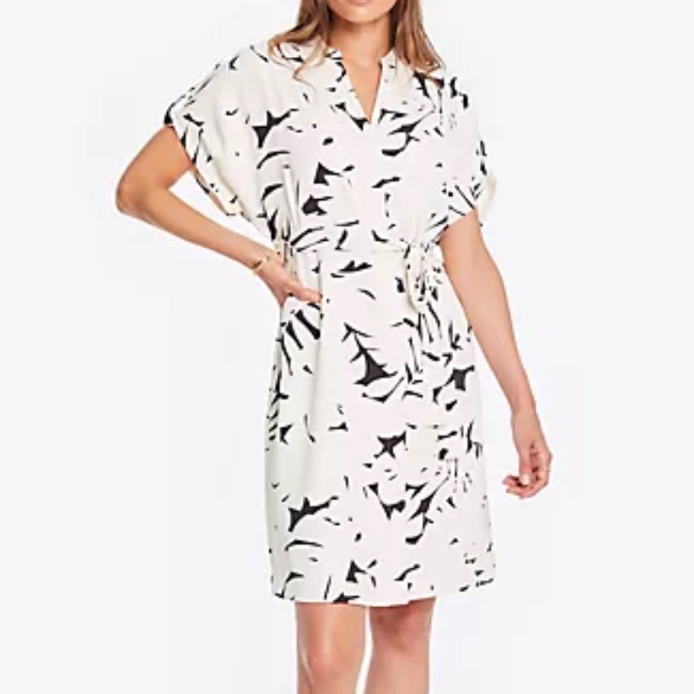 Ann Taylor Ivory & Black Jungle Belted Shirtdress